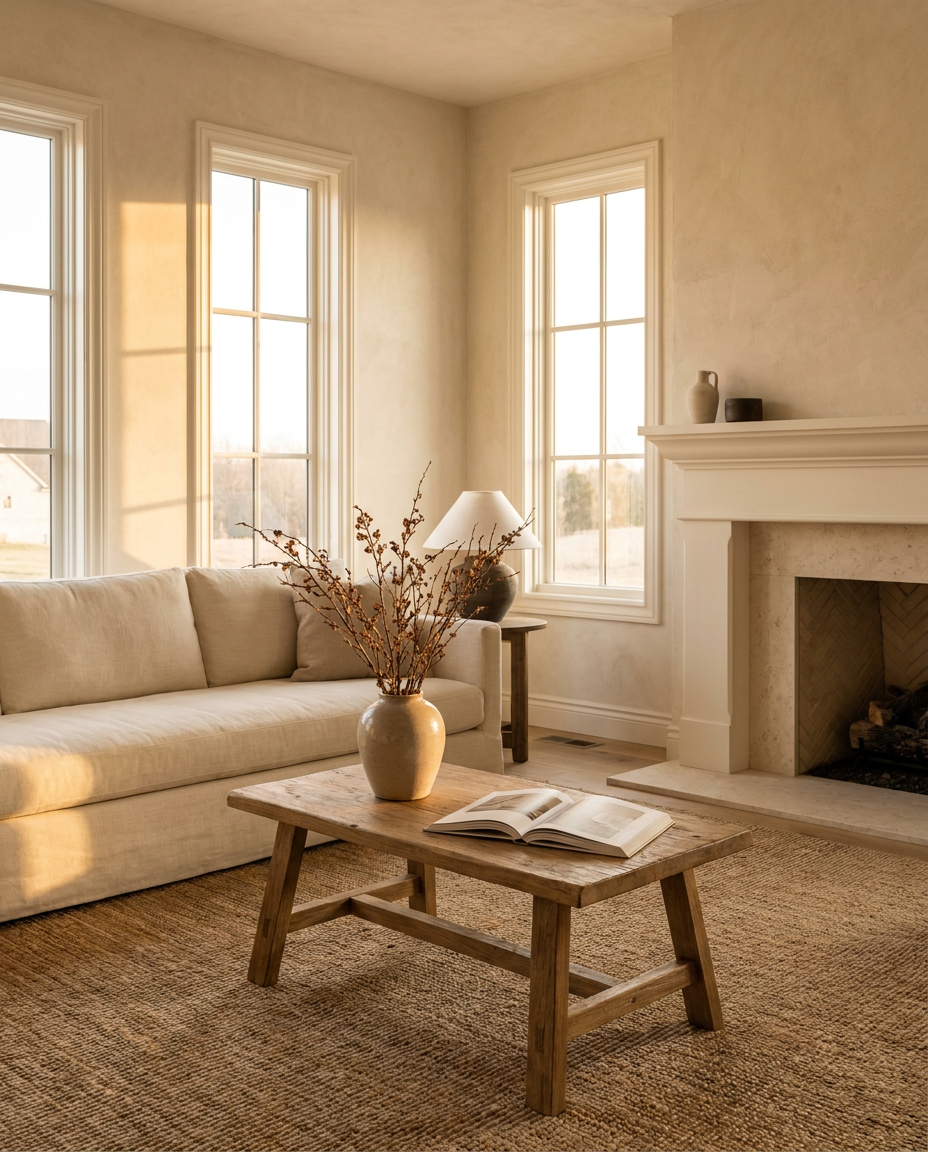 Bright living room in golden-hour light — The Refresh listing image upgrade by Maison Media