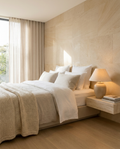 Serene neutral bedroom in soft morning light — The Makeover full listing content set by Maison Media