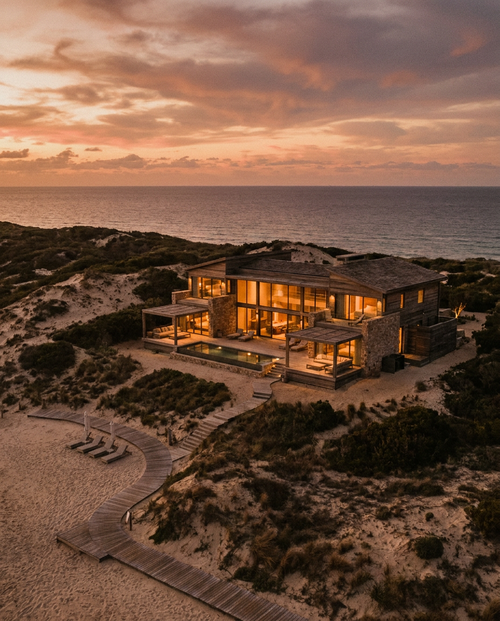 Cinematic golden-hour beach holiday rental exterior at dusk — The Cinematic signature launch package by Maison Media